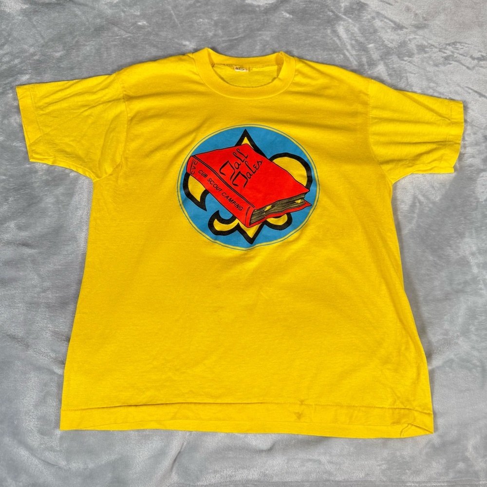 Vintage Cub Scouts Camping T Shirt Mens L (Fits M) Cropped Fit Gold 80s READ!